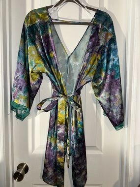YITTY Satin Kimono Robe in Teal, Purple & Yellow Tie-Dye
